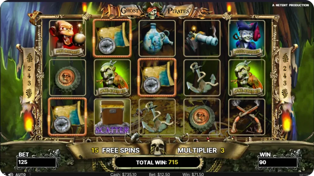Ghost Pirates Slot im Freispiel-Modus mit multiplizierten Gewinnen